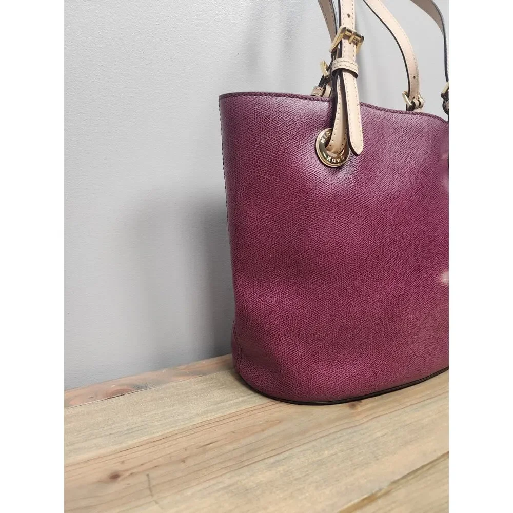 Michael Kors Burgundy Tote Shoulder Bag Gold Hardware Logo Charm Beige Straps